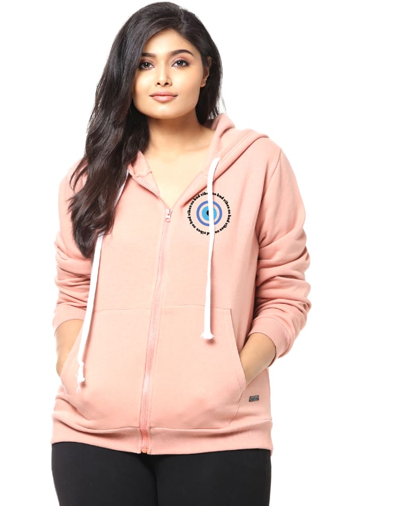 Front of a model wearing a size 4XL Peach "no bad vibes" Hooded Printed Sweatshirt in Peach by Instafab Plus. | dia_product_style_image_id:298208